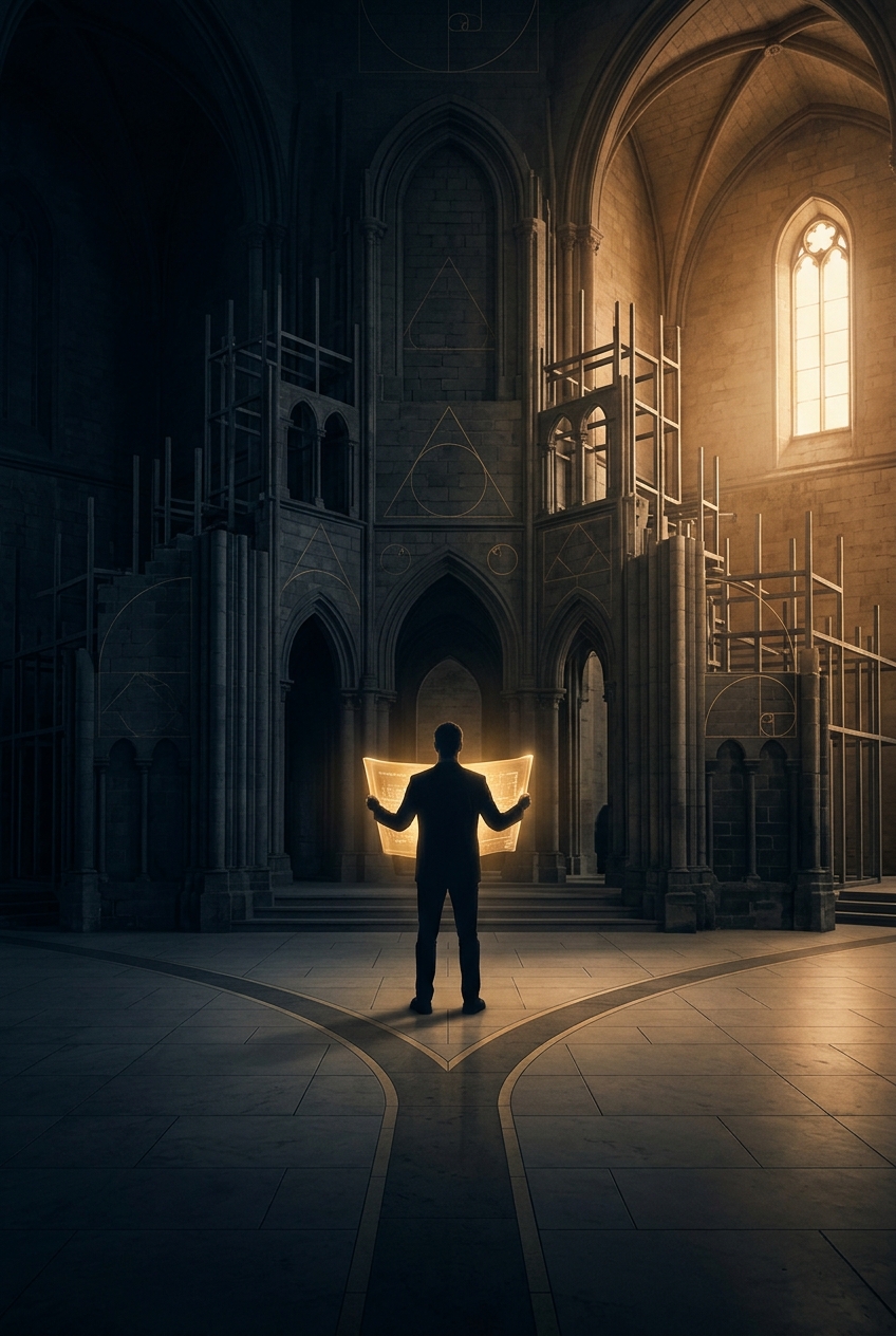 An architect holding a glowing blueprint in a cathedral